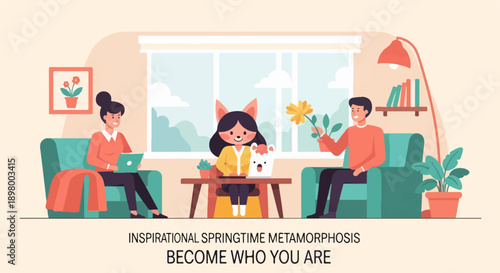 People enjoying a cozy indoor scene with laptops, plants, and books