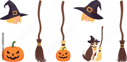 Whimsical Halloween elements witch hats, pumpkins, brooms, and a cat