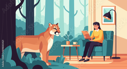 Woman in armchair uses tablet near wild cat in forest
