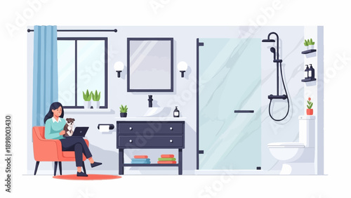 Woman and dog work in a modern bathroom with shower and sink