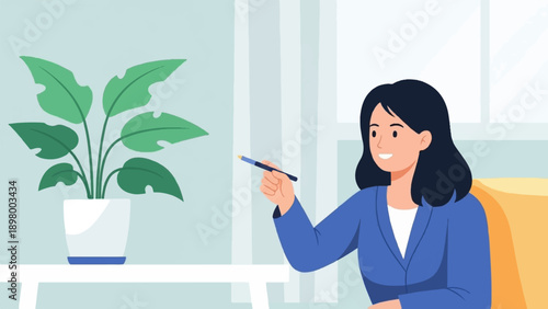 Woman in blue blazer holding a pen near a potted plant