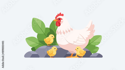 Whimsical hen and chicks illustration with rocks and foliage