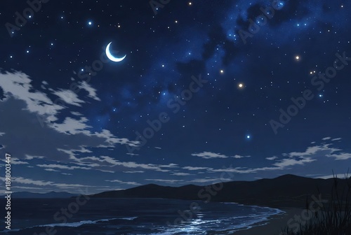Crescent moon and stars illuminate a serene dark coastal landscape at night