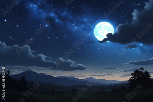 Bright full moon illuminates a serene mountain landscape under a starry night