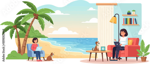 Woman and dog work remotely on laptop with tropical beach backdrop, indoor scene