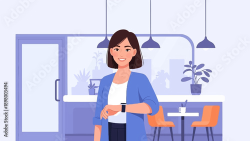 Woman in blue cardigan checks watch in bright cafe with plants