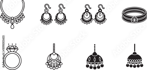 Assorted jewelry pieces including necklaces, earrings, rings, and bracelets isolated on white background, illustration