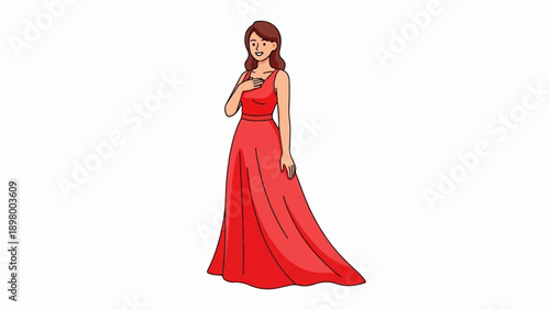 Woman in elegant flowing red gown smiles, hand on chest