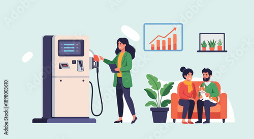 Woman at fuel pump, family and dog on couch, plants, financial graph