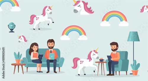 Whimsical scene with people, unicorns, and rainbows
