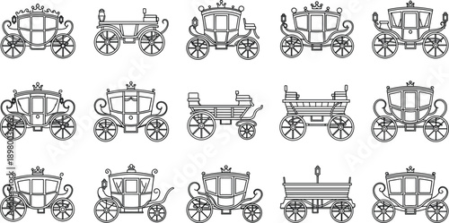 Vintage Horse Carriage and Wagon Outline Icon Set with Royal Coaches and Classic Transport Vehicles for Historical, Fairytale, and Retro Design
