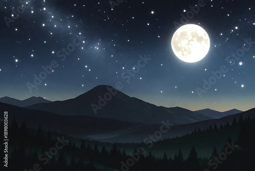 A serene full moonlit night over majestic mountains and a vibrant starry