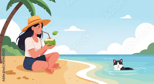 Woman in hat sips coconut on beach with cat in water