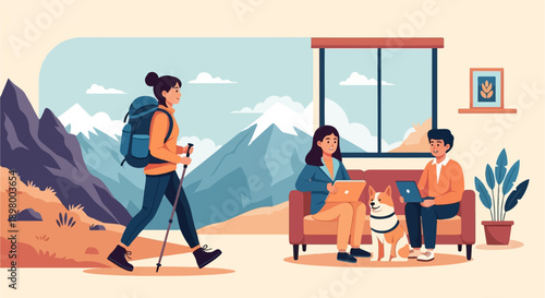 Mountain hiker and homebodies with dog, indoors and outdoors scenes