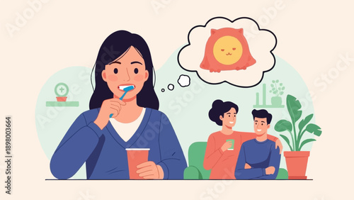 Woman brushing teeth thinking of cat while couple relaxes in background with plants