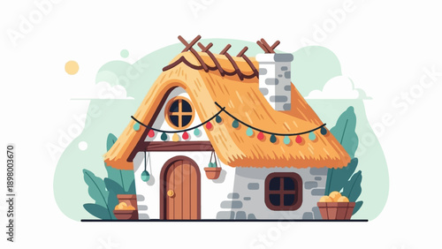 Whimsical thatched cottage with festive lights and bounty of golden apples