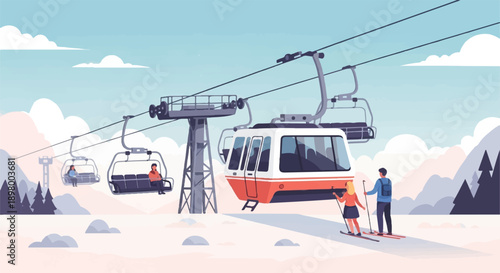 Mountain ski resort with skiers and a gondola lift moving people uphill