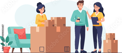 Moving day scene with people and boxes