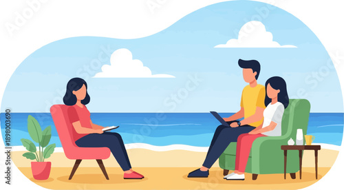 People on a beach talking by the ocean with a therapist and a couple