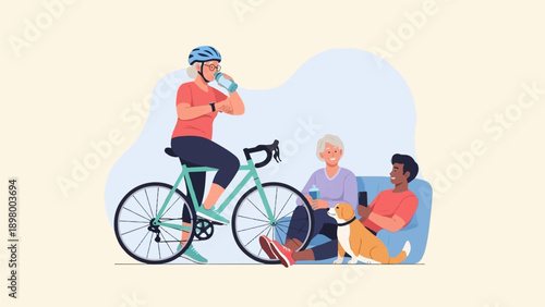 People of different ages enjoying leisure time with a bicycle and a dog