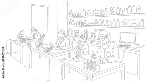 Three dedicated scientists in laboratory coats diligently working with microscopes and recording observations at individual workstations filled with scientific equipment