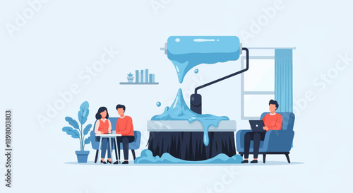 People relaxing while a large paintbrush and roller create a blue liquid