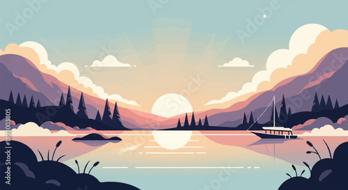 Peaceful sunset over a calm lake with a sailboat and distant mountains