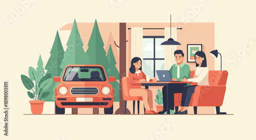 People collaborate on laptop at table near car, trees and home interior