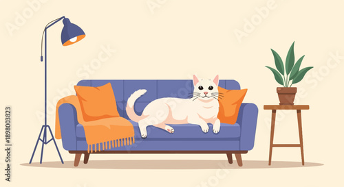 White cat lounging on a blue sofa with orange accents, near a lamp