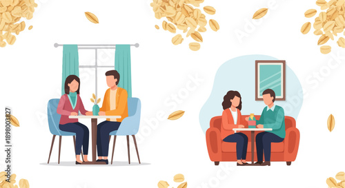 People meeting in cafes, surrounded by oats