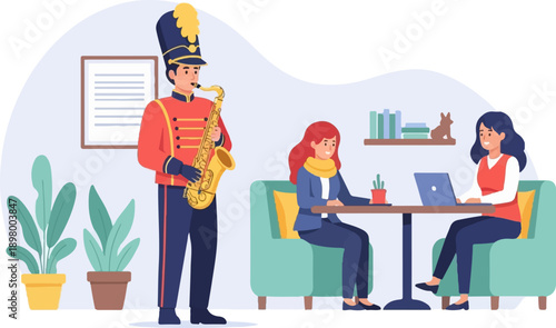 Musicians and workers in a cafe with plants and decor