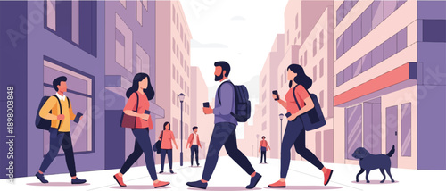 People walking in city with buildings and a dog