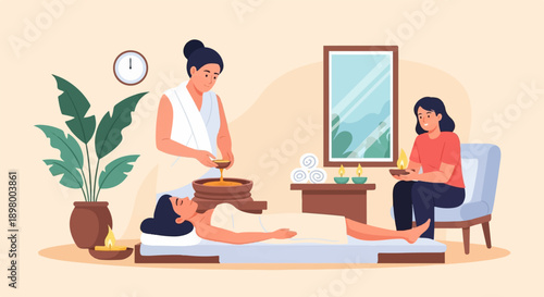 People relaxing with a spa treatment in a tranquil room with plants and candles