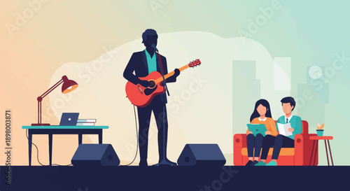 Musician performs for audience while others work and relax indoors