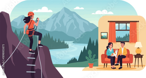 Woman climbing mountain while couple relaxes with dog indoors