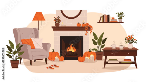 Cozy autumn interior scene with a fireplace, armchair, pumpkins, candles, and warm tea on a side table.