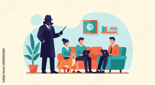 Mysterious figure observes people and dog working on laptops indoors