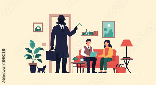 Mysterious figure interrupts couple's indoor activity, holding a tool