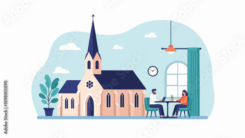 People meet at a cafe in front of a church under a cloudy sky