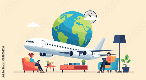 People in comfortable chairs interact with technology near a large airplane