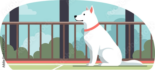 White dog with red collar sitting on a balcony railing overlooking greenery