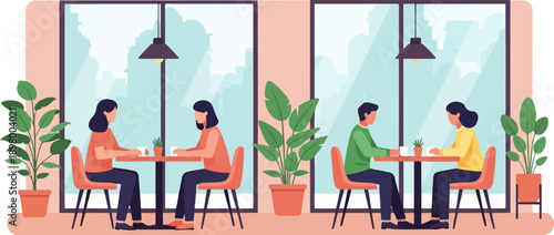 People enjoying coffee at tables in a cafe with large windows overlooking a cityscape