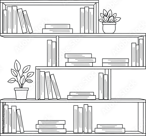 Minimalist black and white line art drawing showcasing a contemporary staggered shelving unit filled with books and small potted plants