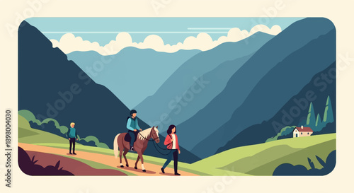 People riding and walking horses through a mountain valley