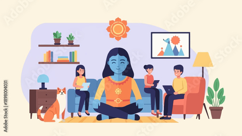 People meditating and working in a cozy living room with a dog