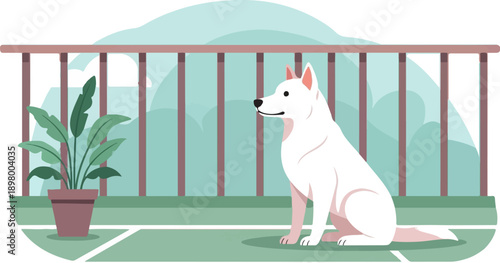 White dog sits on a patio next to a potted plant, with a railing
