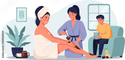 People enjoying a spa day with a body scrub and a cup of coffee