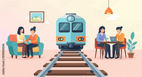 People resting and working on a train platform