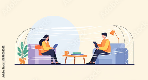 People separated by transparent barrier working on tablets at home