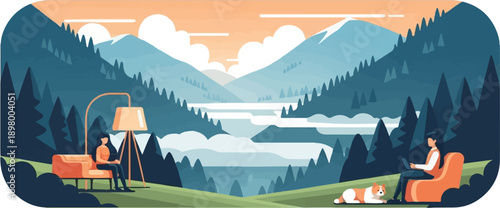 Peaceful scene with two people working remotely in nature with a dog